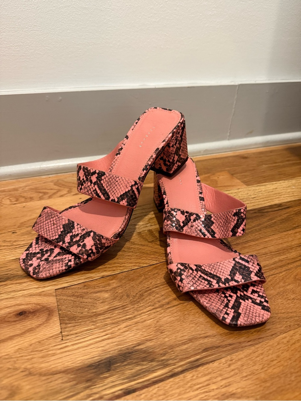 Topshop Pink Snake-Print Double Strap Block Heels
